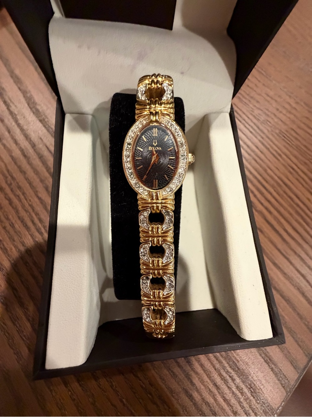Bulova Gold-Tone Bracelet Watch with Black Dial and Crystal Accents